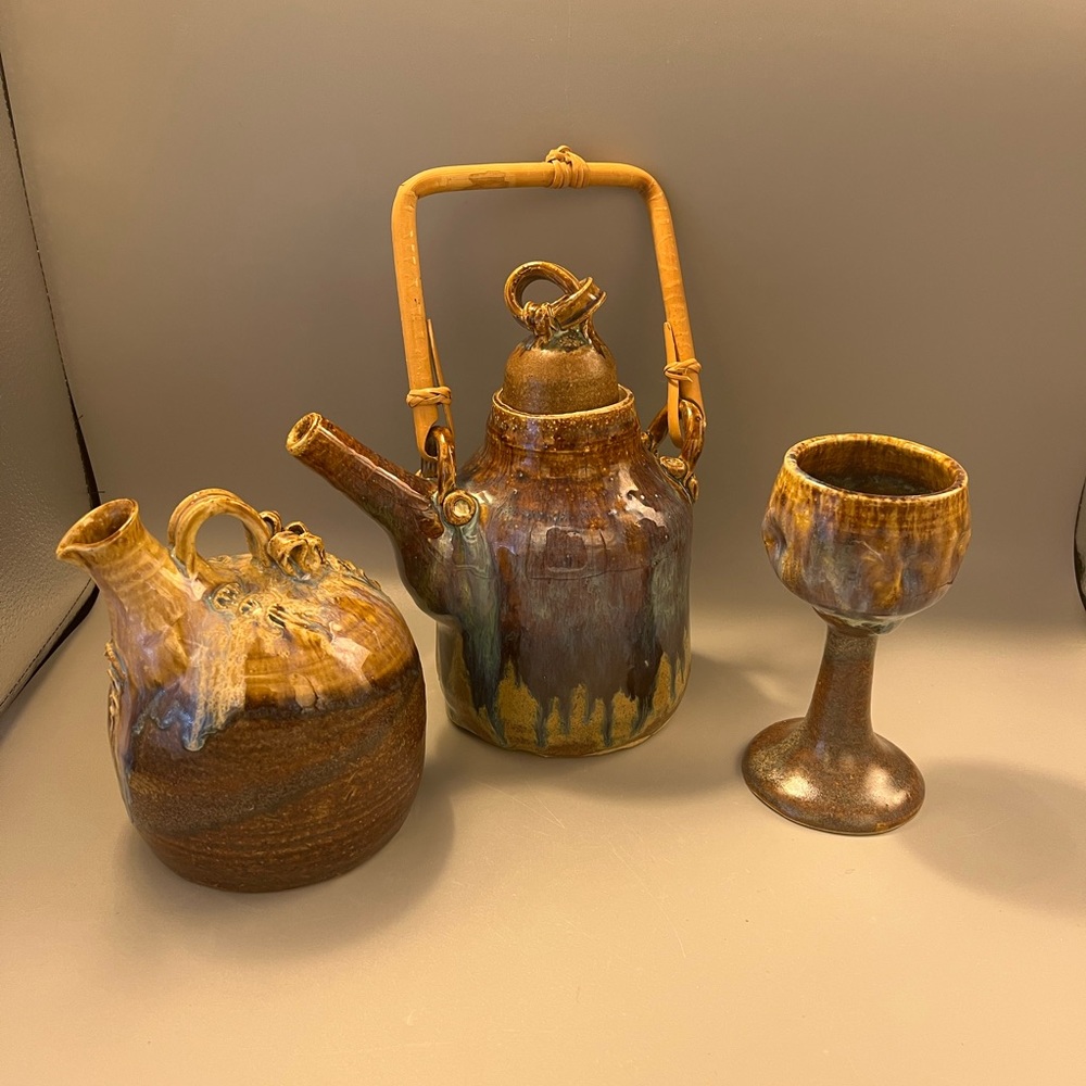 Lot 3 Items Studio Art Pottery Stoneware Grouping Teapot W Lid Jug & Chalice.